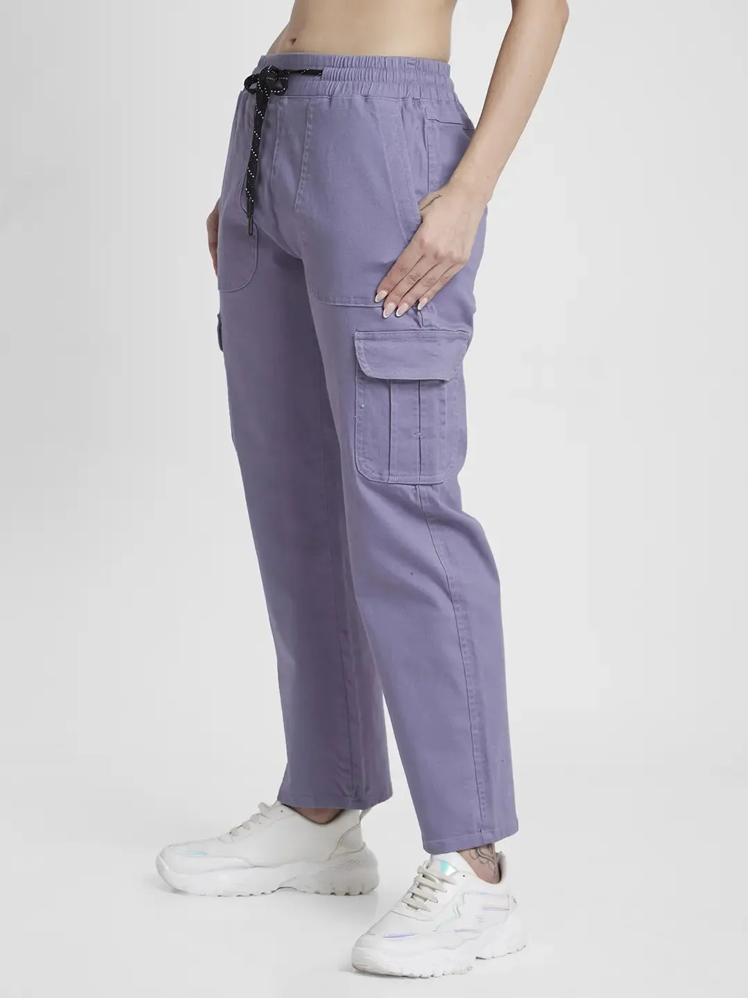 Spykar Women Periwinkle Blue Blended Regular Fit Ankle Length Cargo Trackpant