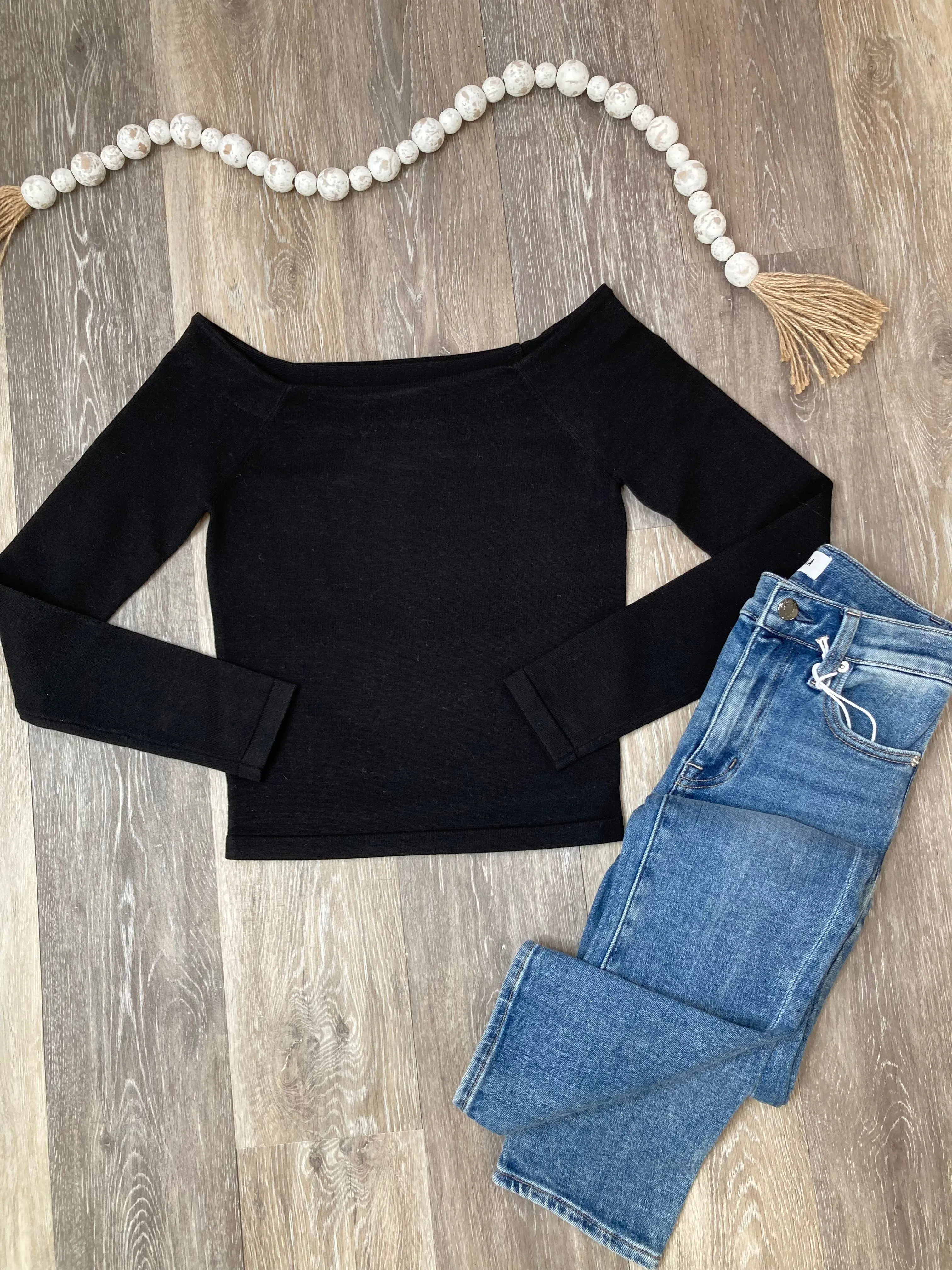 STE Black Off Shoulder Ressi Sweater