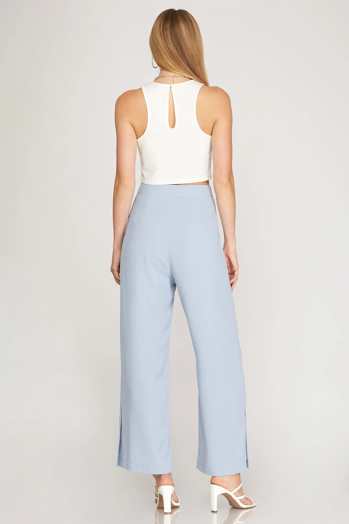 Stephie Side Slit Pants in Misty Blue and Taupe