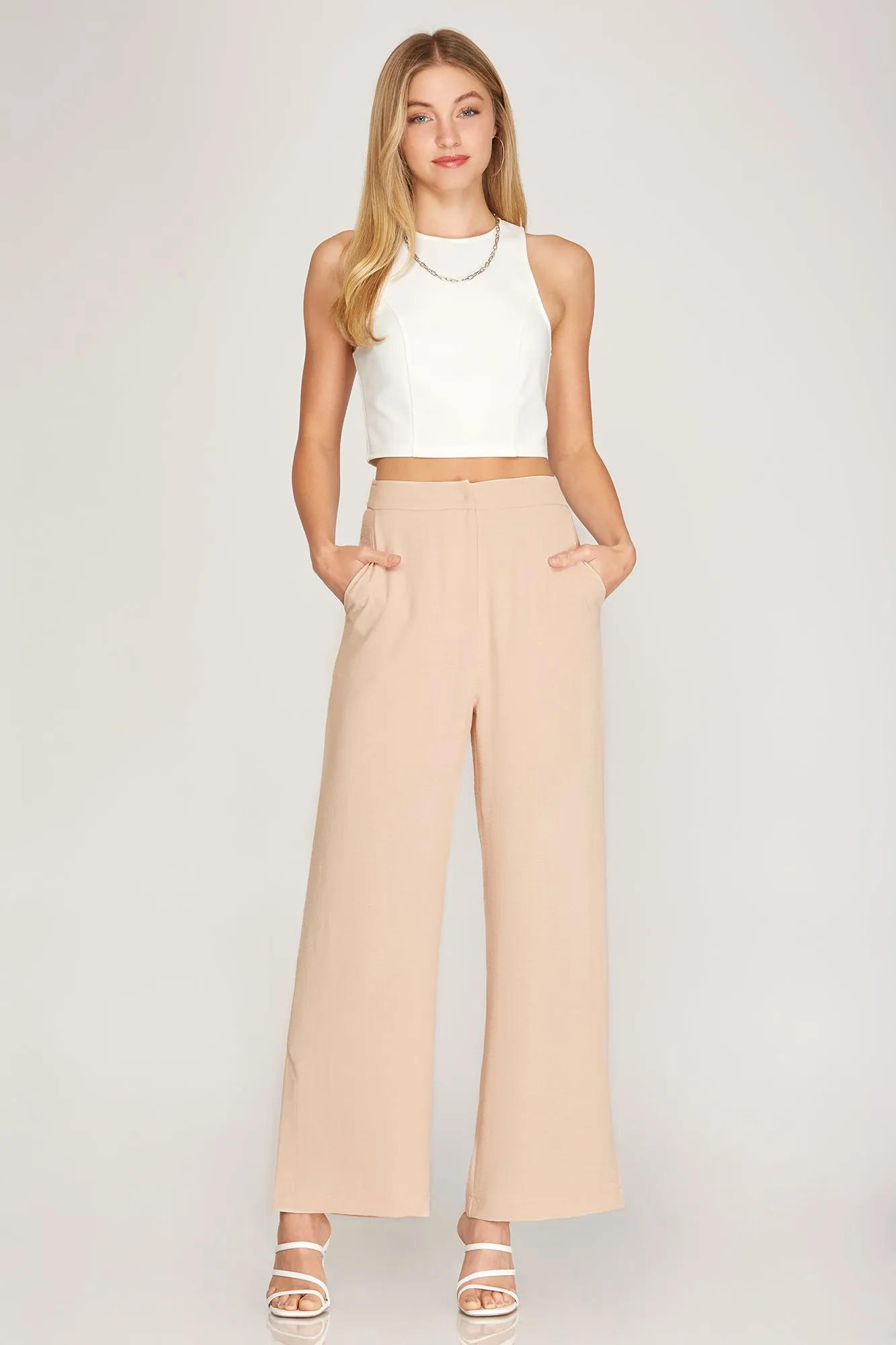 Stephie Side Slit Pants in Misty Blue and Taupe