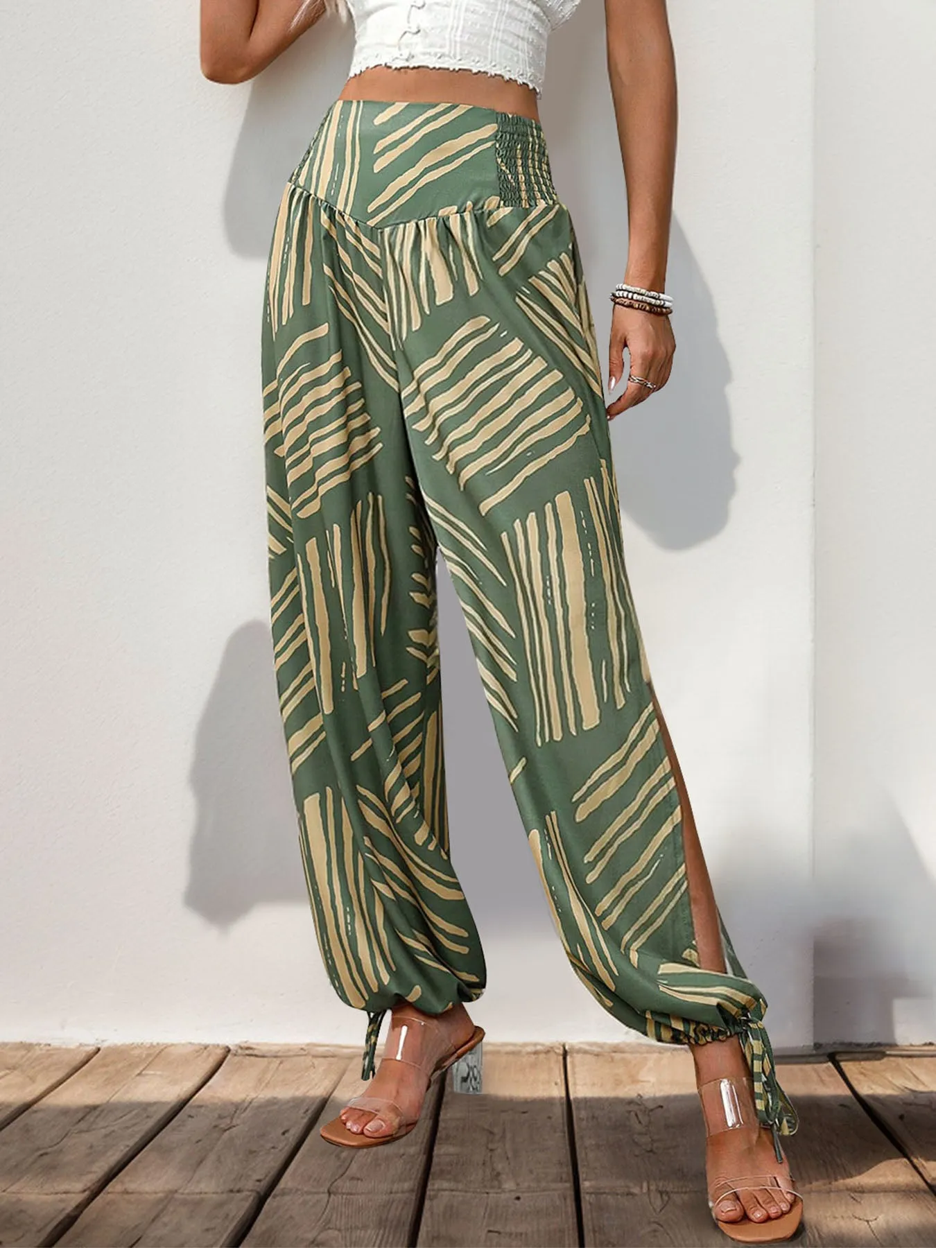 TEEK - Moss Smocked Slit High Waist Pants