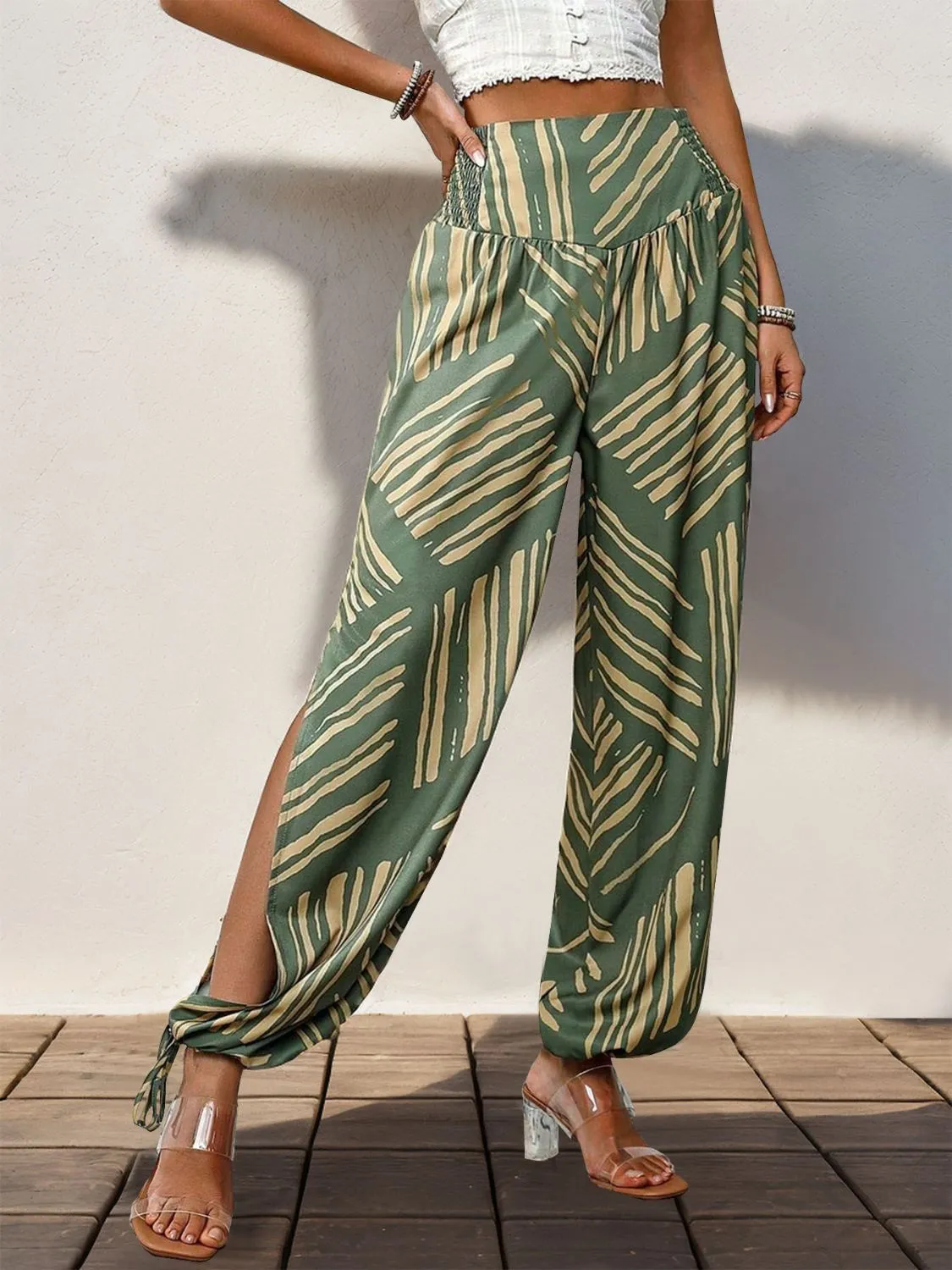 TEEK - Moss Smocked Slit High Waist Pants