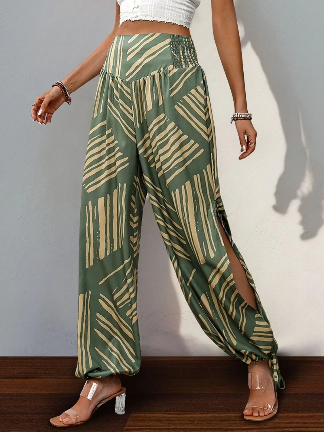 TEEK - Moss Smocked Slit High Waist Pants