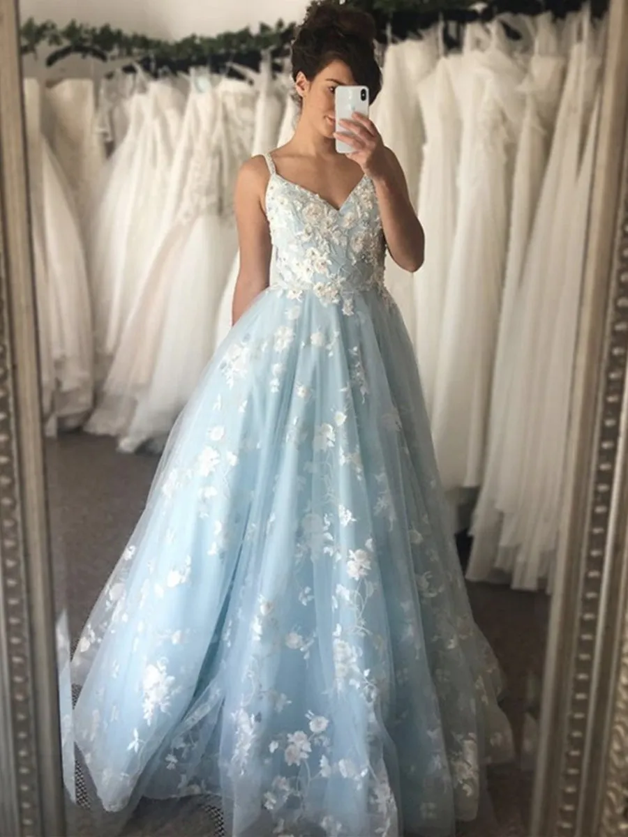 V Neck Appliques Light Blue Lace Long Prom, Light Blue Lace Formal, Blue Evening