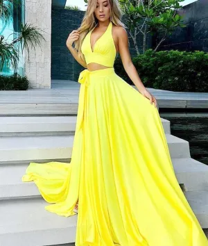 V Neck Two Pieces Yellow Long Prom Dresses with High Slit, Two Pieces Yellow Long Evening Dresses, Graduation Dresses