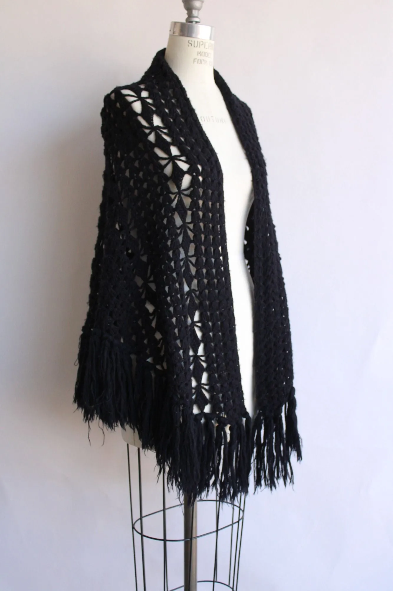 Vintage 1970s Black Knit Shawl with Fringe Tassels