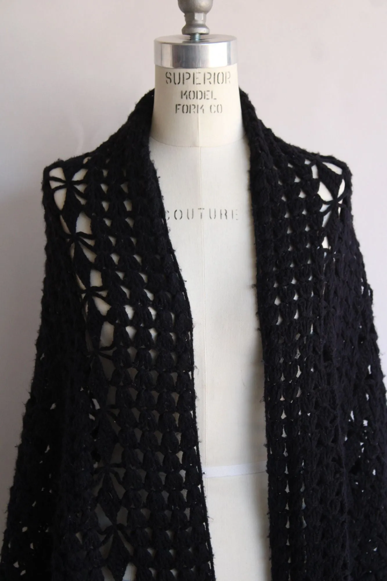 Vintage 1970s Black Knit Shawl with Fringe Tassels