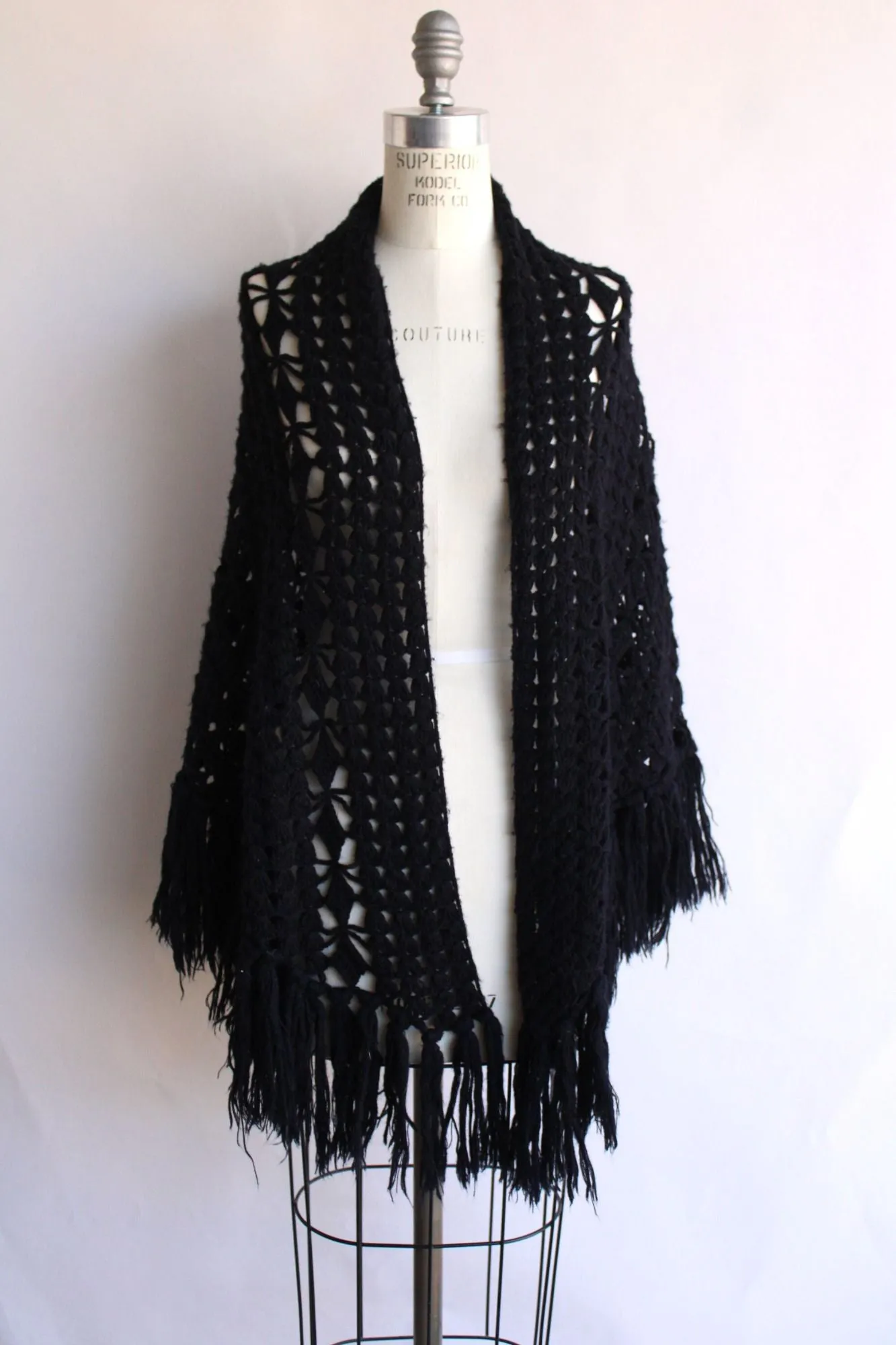 Vintage 1970s Black Knit Shawl with Fringe Tassels