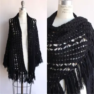 Vintage 1970s Black Knit Shawl with Fringe Tassels