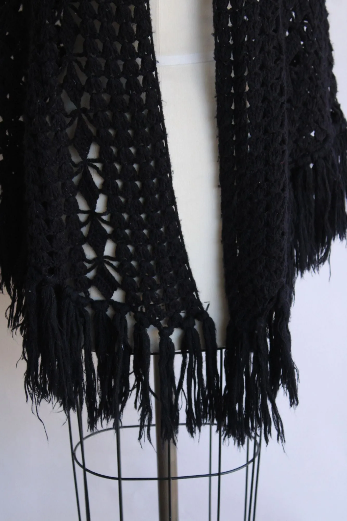 Vintage 1970s Black Knit Shawl with Fringe Tassels