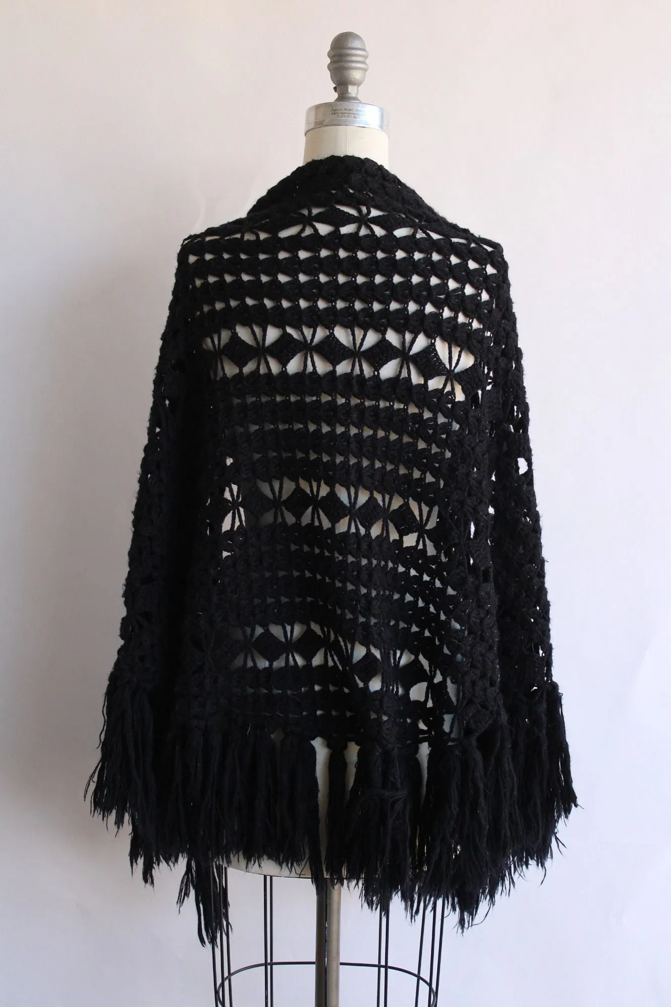 Vintage 1970s Black Knit Shawl with Fringe Tassels