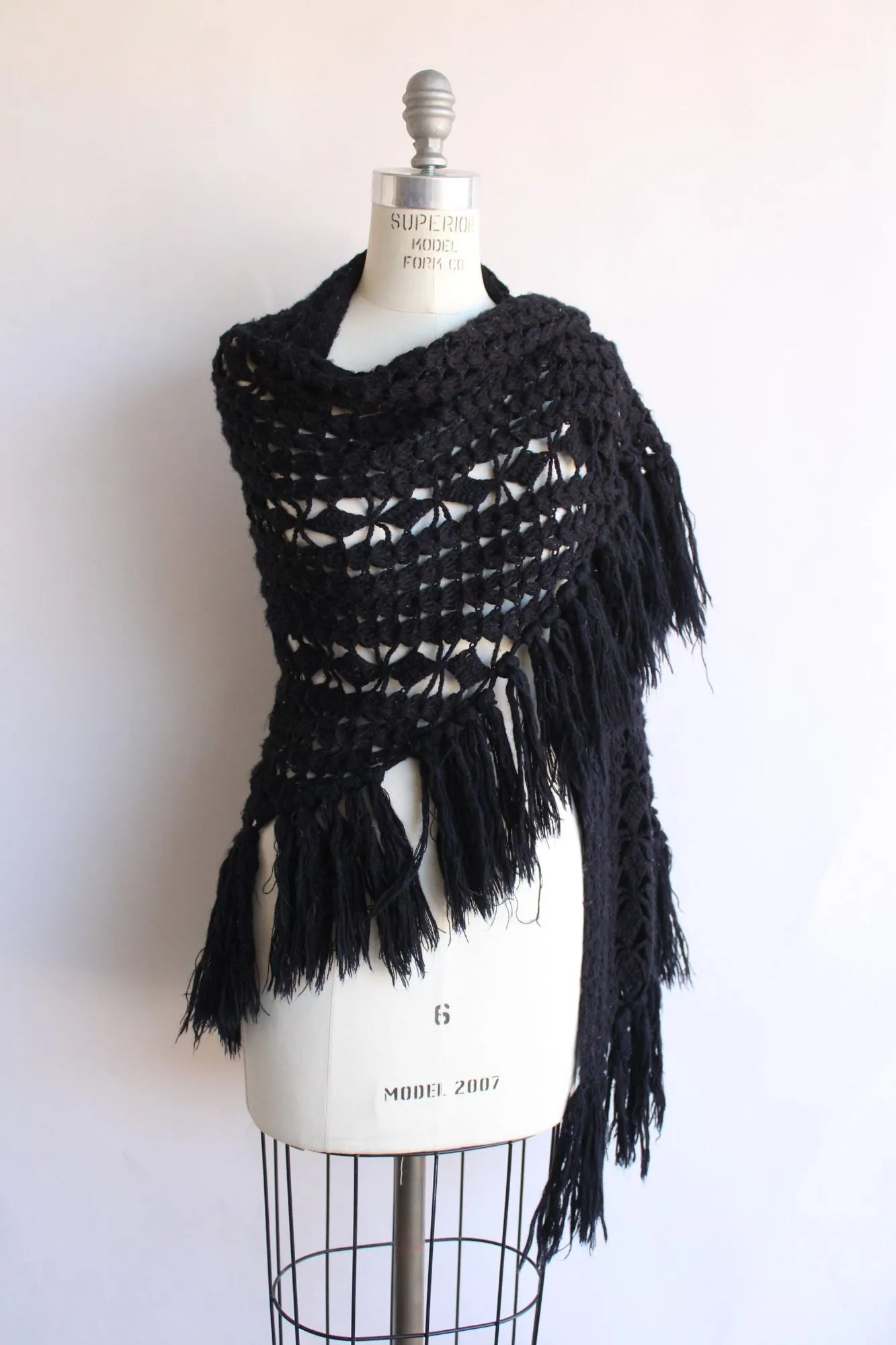 Vintage 1970s Black Knit Shawl with Fringe Tassels