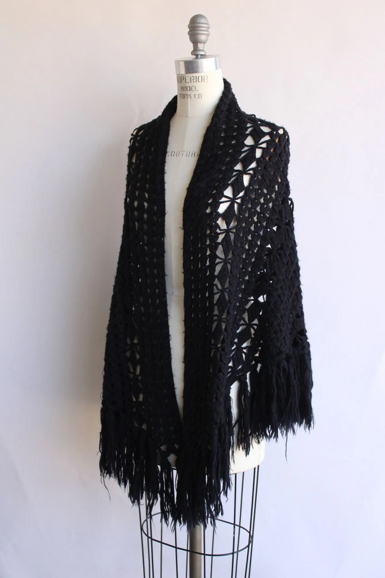 Vintage 1970s Black Knit Shawl with Fringe Tassels