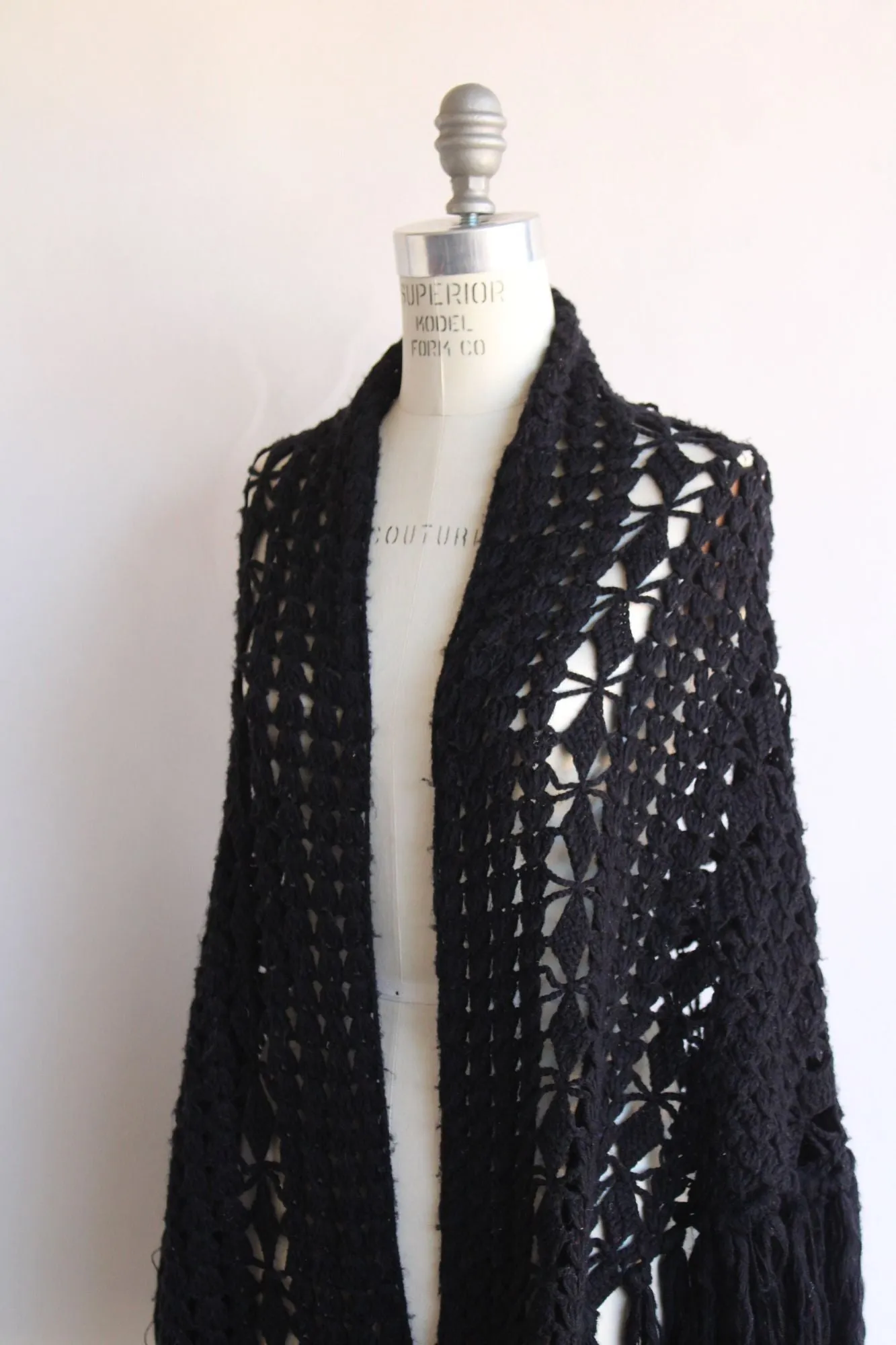 Vintage 1970s Black Knit Shawl with Fringe Tassels