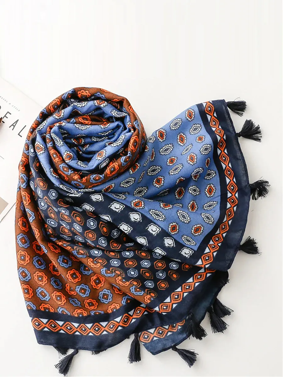 Vintage Geometric Spliced Tassel Sunproof Shawl Scarf