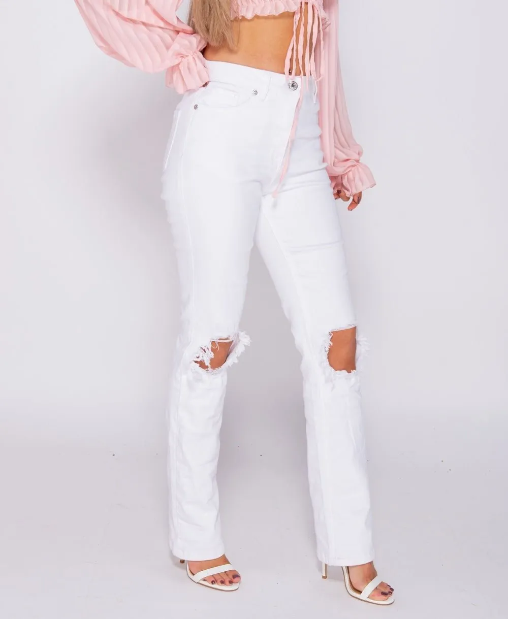 White Knee Rip Distressed Straight Leg High Waist Jeans