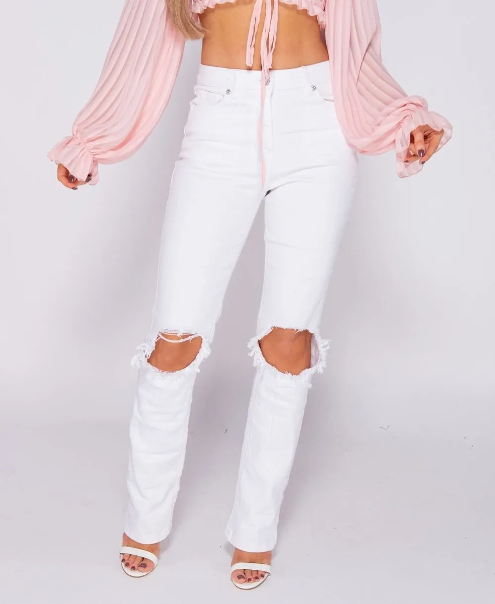 White Knee Rip Distressed Straight Leg High Waist Jeans