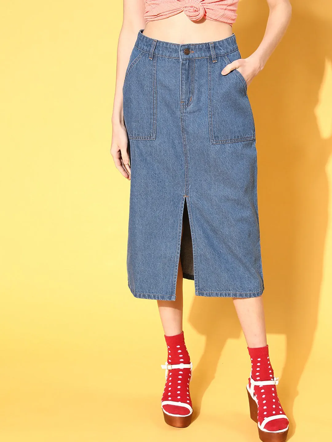 Women Blue Denim Front Slit Skirt