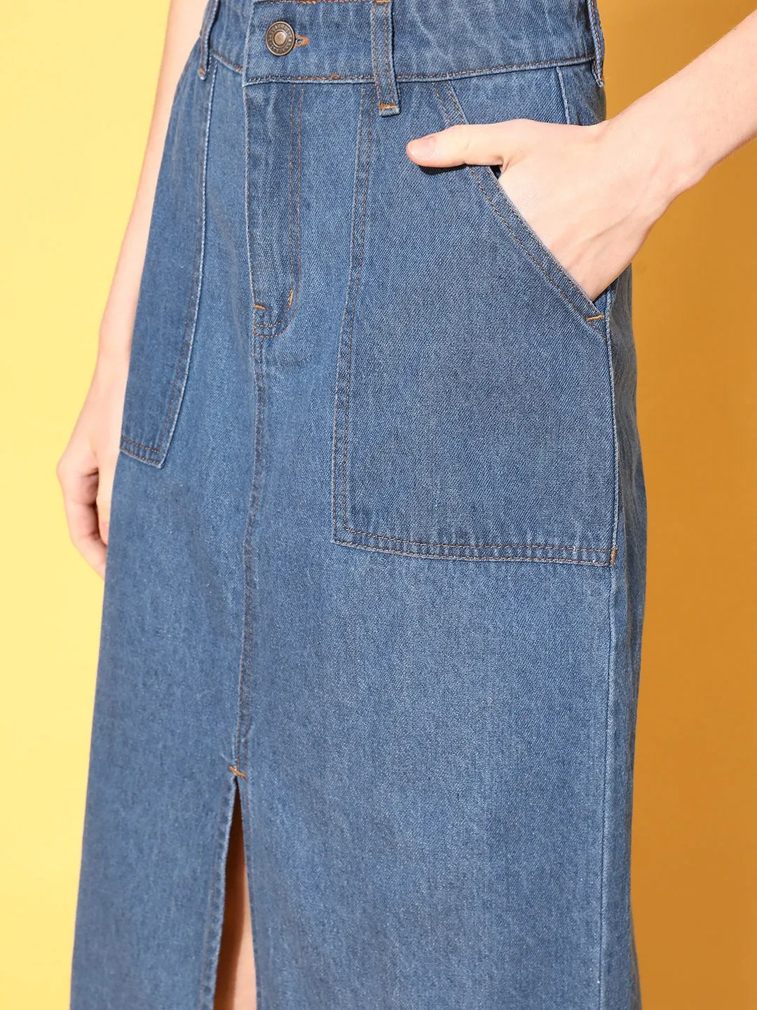 Women Blue Denim Front Slit Skirt