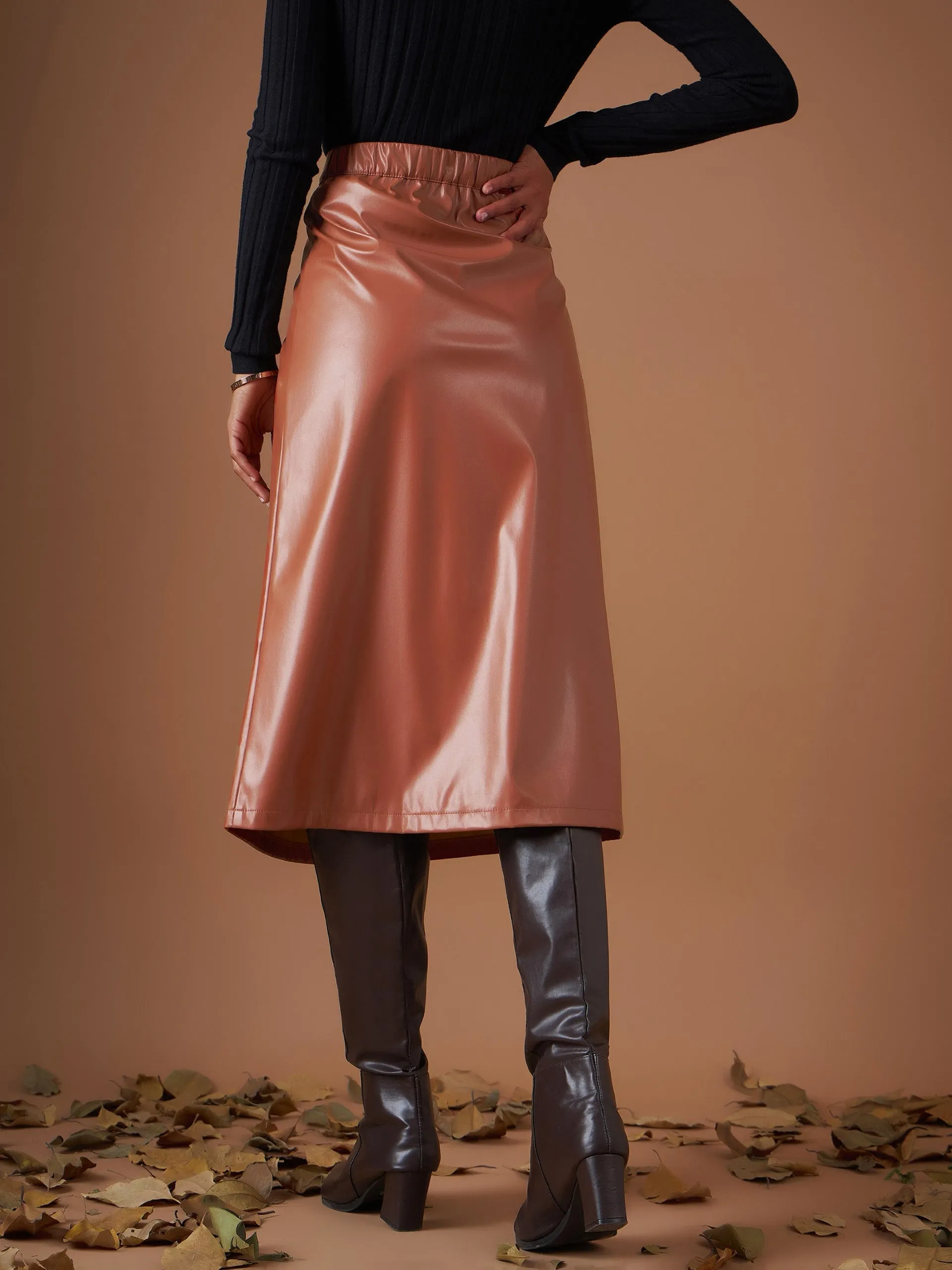 Women Brown PU A-Line Below Knee Skirt