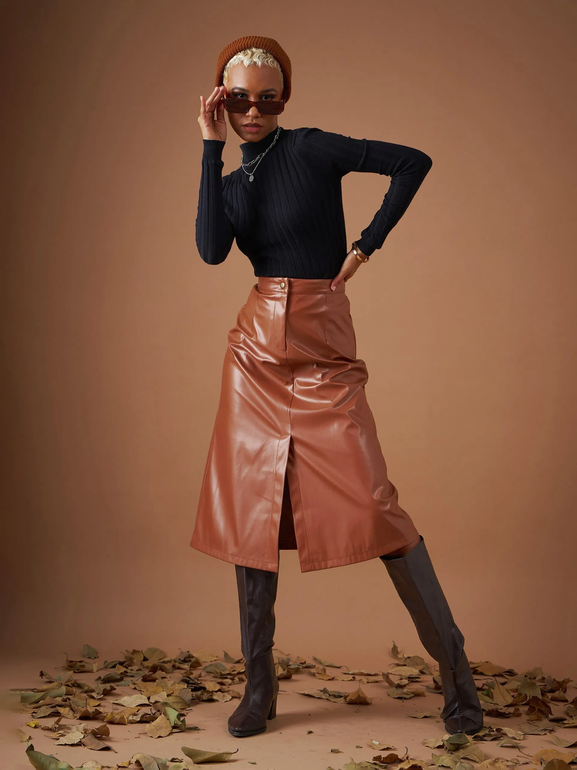 Women Brown PU A-Line Below Knee Skirt