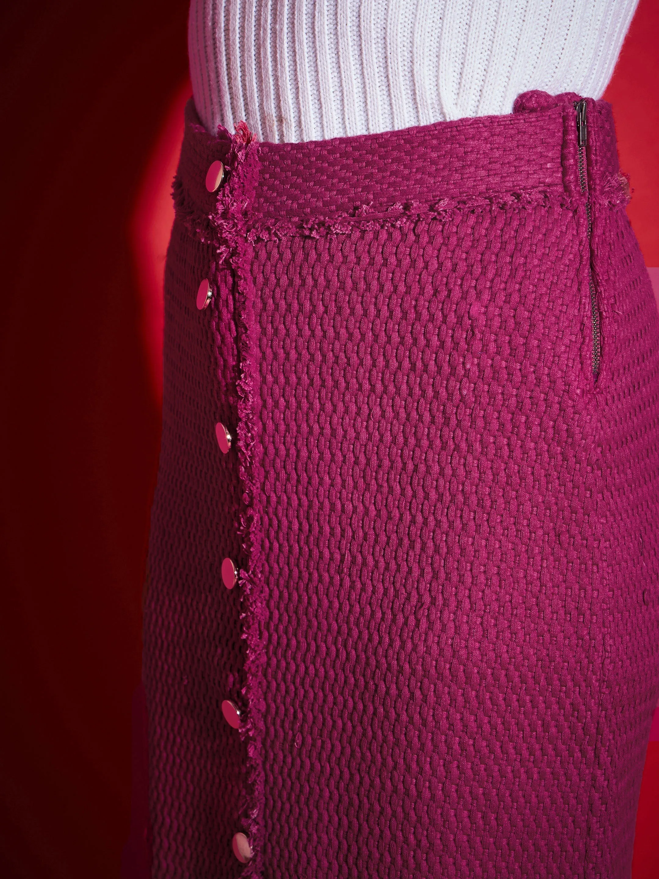 Women Magenta Tweed Front Button Midi Skirt