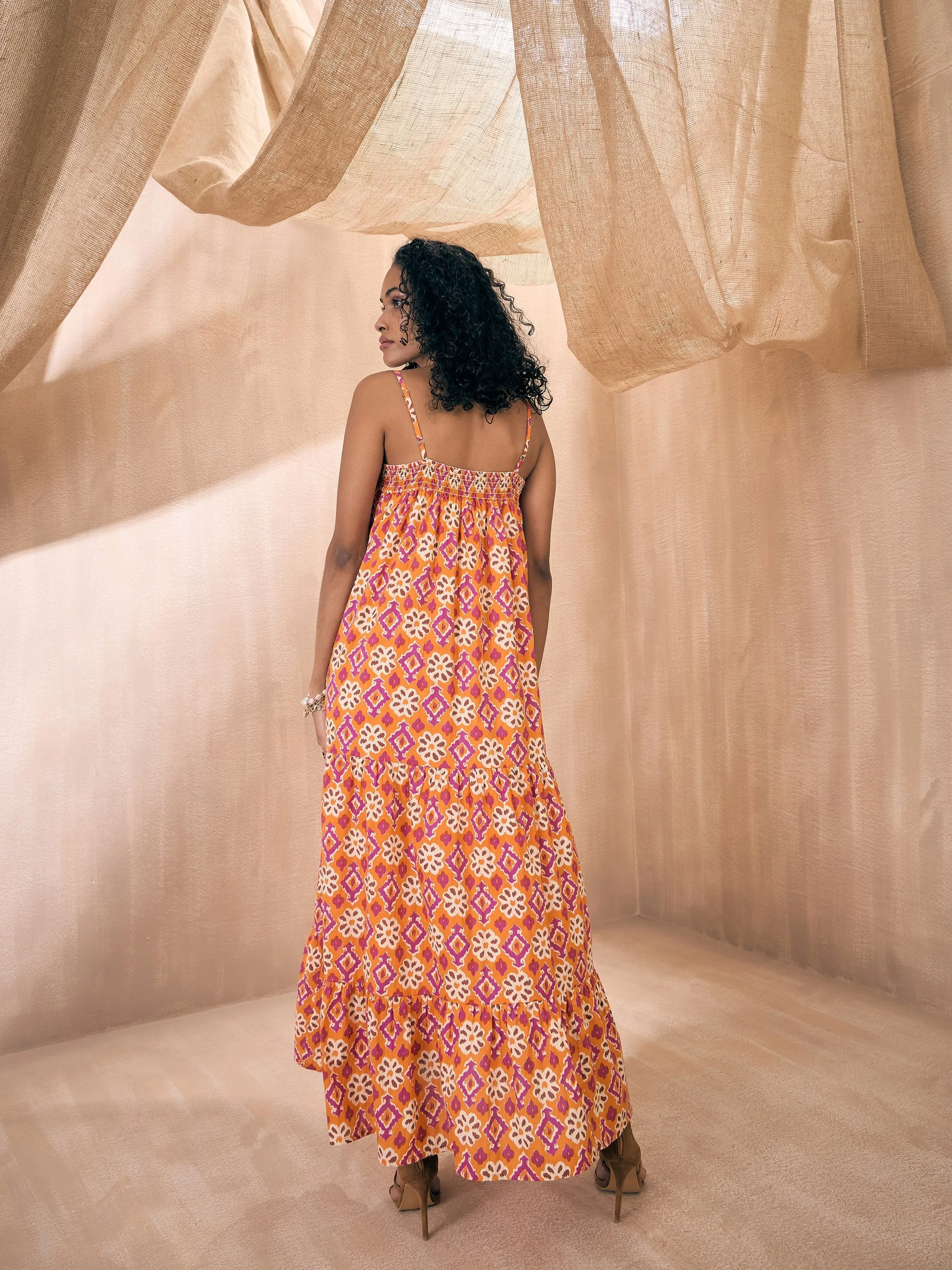 Women Orange Ikat Print Loose Fit Strappy Tiered Maxi