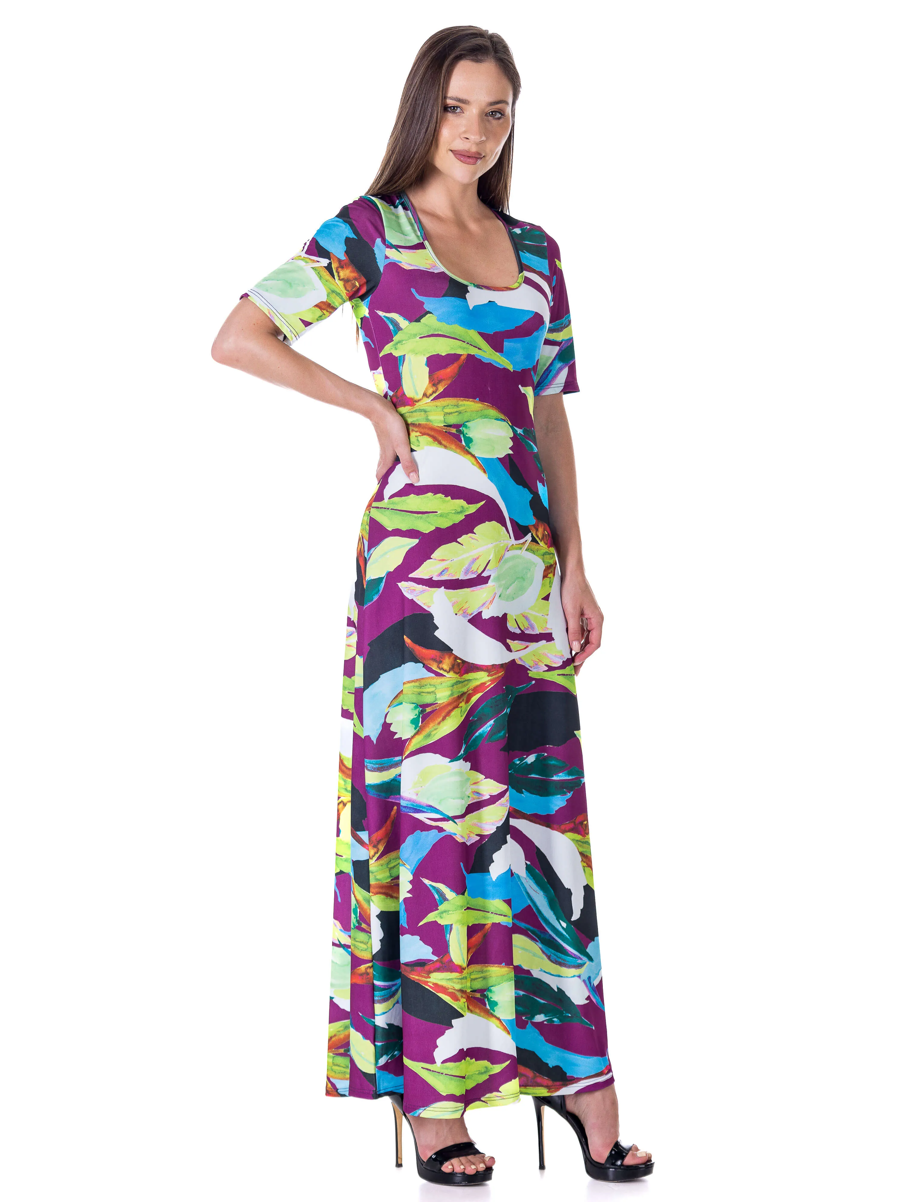 Womens Multicolor Floral Print Elbow Sleeve Casual A Line Maxi Dress