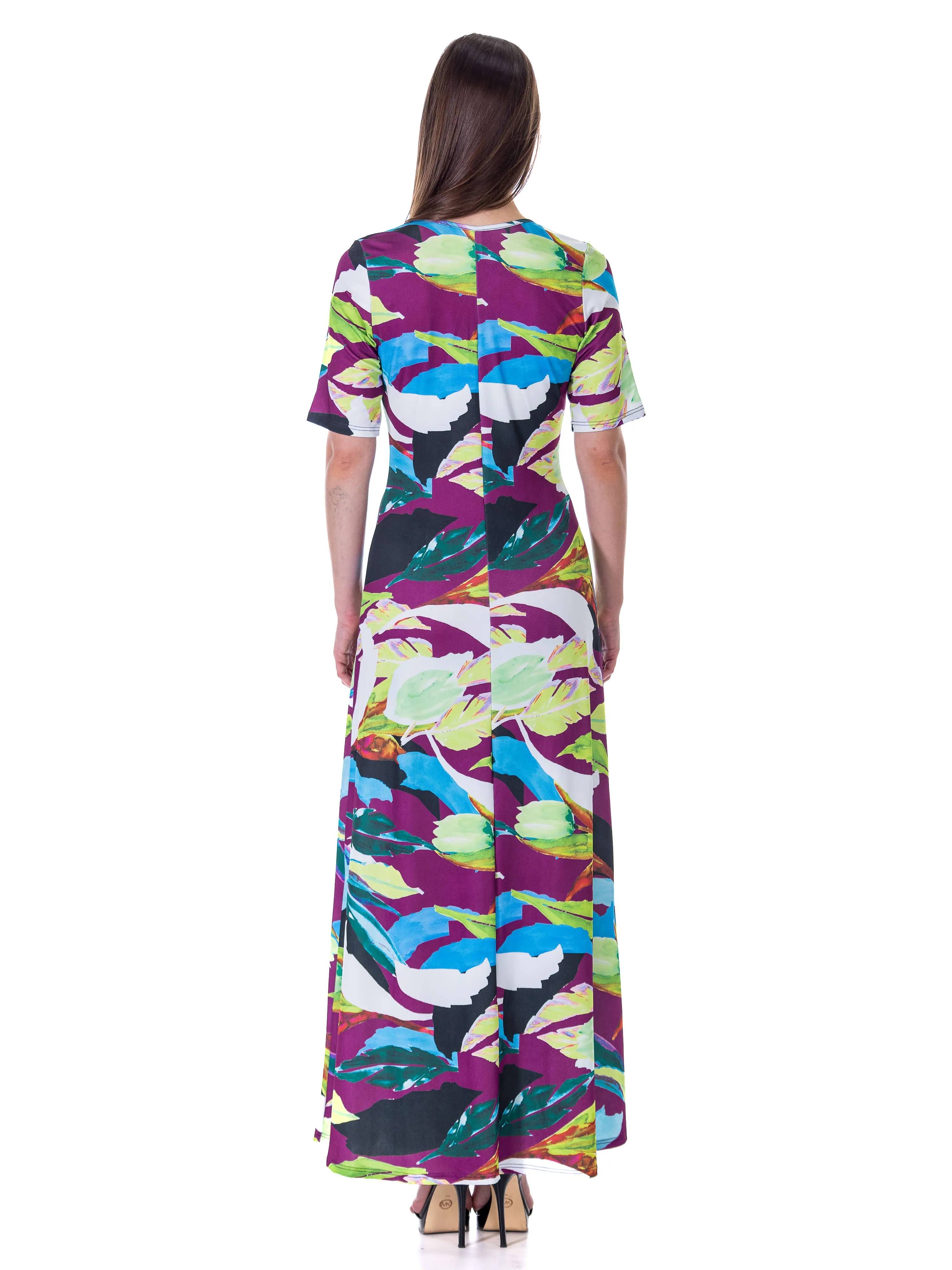 Womens Multicolor Floral Print Elbow Sleeve Casual A Line Maxi Dress