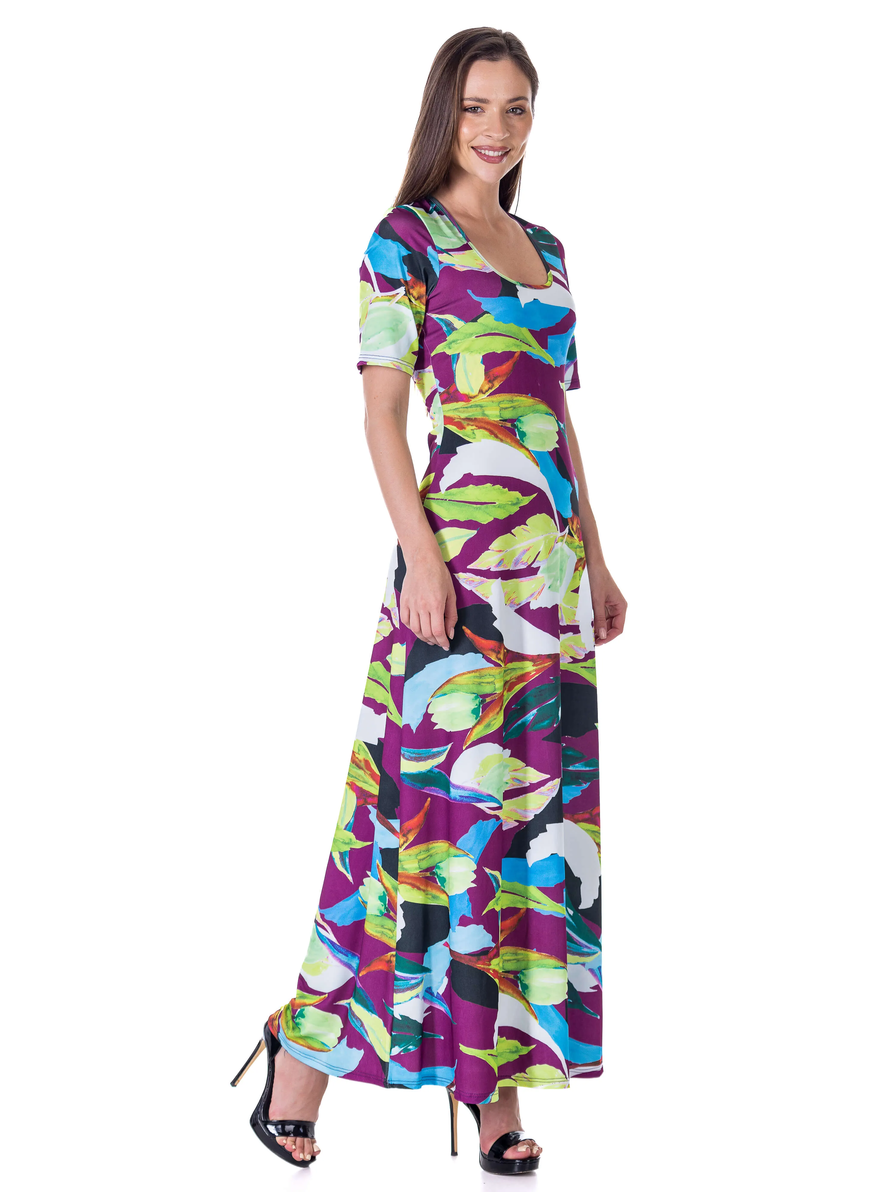 Womens Multicolor Floral Print Elbow Sleeve Casual A Line Maxi Dress