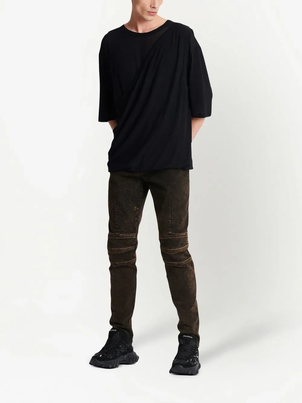 Zipped Belt Dark Brown Denim Pants